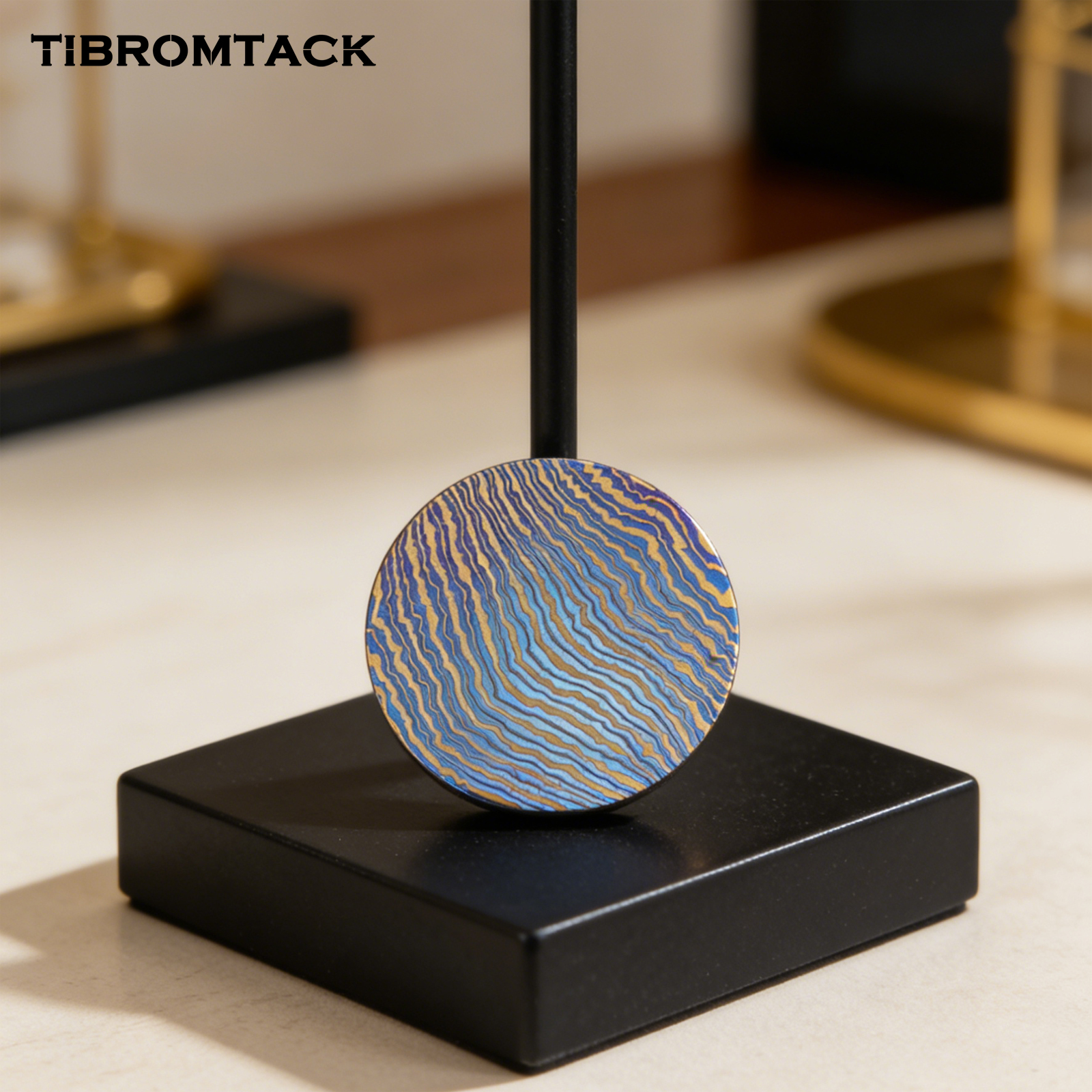 TIBROMTACK Titanium Damascus Coin, EDC Coin, Unique Art Collectible, Blue Gold Anodized, Dia 1.65” Desktop Decoration Gift, 31.8g Durable Titanium Craft