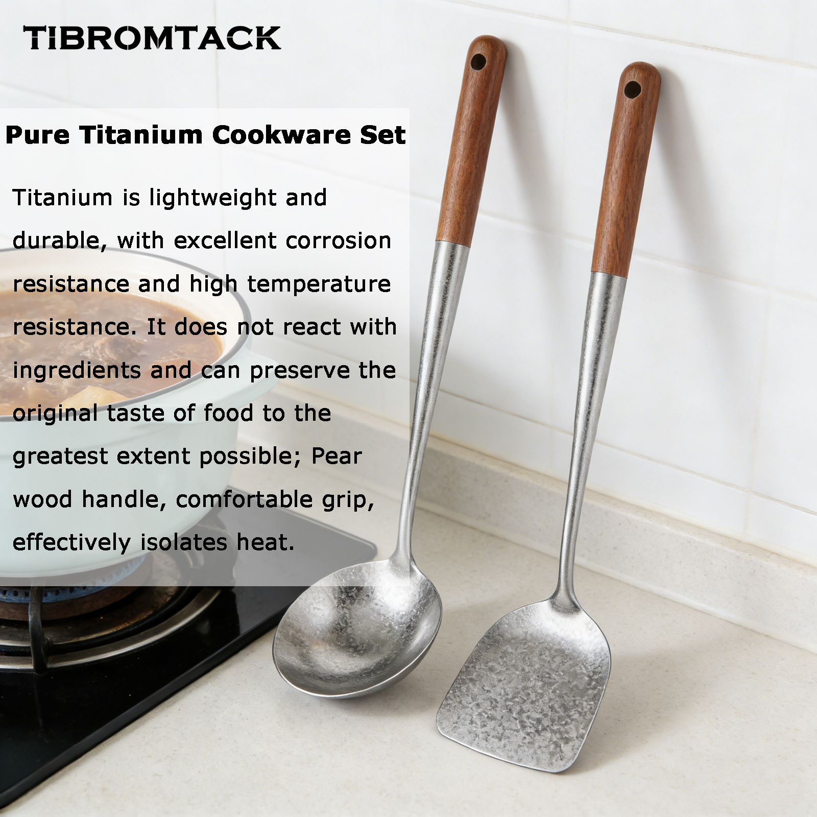 TIBROMTACK Titanium Utensils Set, Titanium Spatula and Spoon with Natural Pear Wood Handle, Ice Flower Texture, Lightweight Heat Resistant Kitchen Tools(16.65in Spatula & 16.47in Spoon)