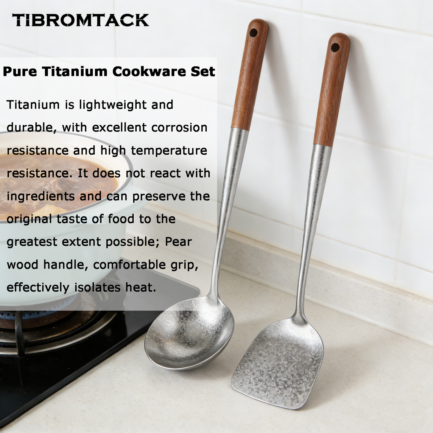 TIBROMTACK Titanium Utensils Set, Titanium Spatula and Spoon with Natural Pear Wood Handle, Ice Flower Texture, Lightweight Heat Resistant Kitchen Tools(16.65in Spatula & 16.47in Spoon)