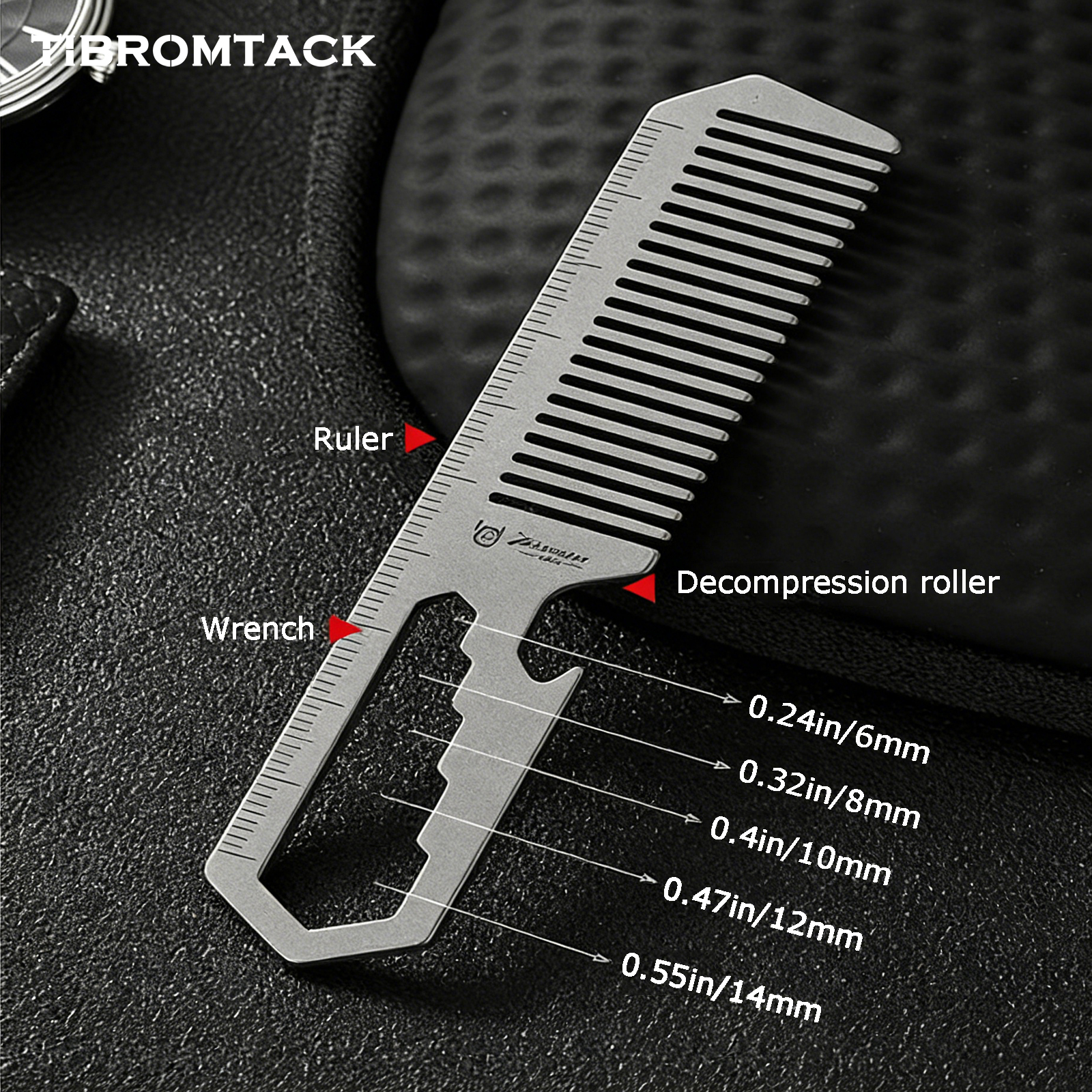 TIBROMTACK Titanium Alloy Comb Multifunctional EDC Gear - 4-in-1 Comb Bottle Opener Wrench Ruler, Lightweight 14.8g Titanium EDC Tool for Camping Commute
