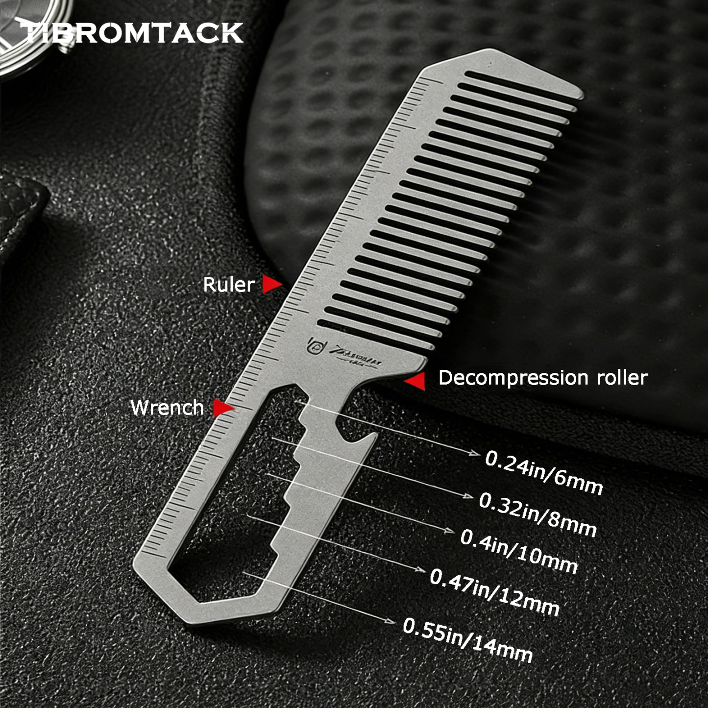 TIBROMTACK Titanium Alloy Comb Multifunctional EDC Gear - 4-in-1 Comb Bottle Opener Wrench Ruler, Lightweight 14.8g Titanium EDC Tool for Camping Commute