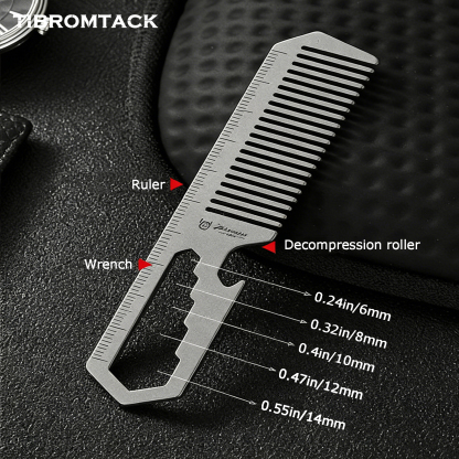 TIBROMTACK Titanium Alloy Comb Multifunctional EDC Gear - 4-in-1 Comb Bottle Opener Wrench Ruler, Lightweight 14.8g Titanium EDC Tool for Camping Commute