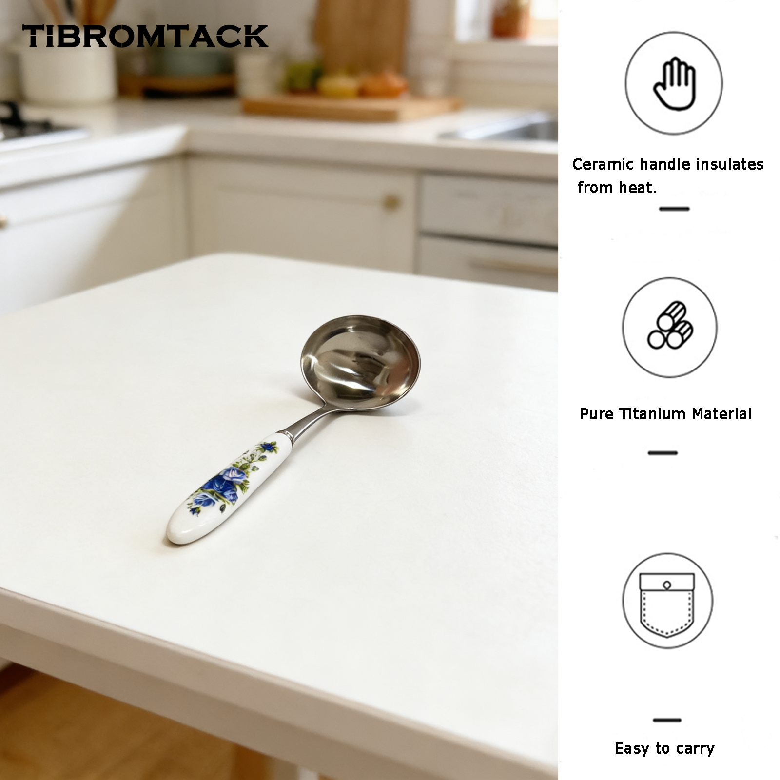 TIBROMTACK Ceramic Handle Pure Titanium Soup Spoon - 7.68in/195mm Blue Rose Pattern, 2.94oz Lightweight for Rice & Soup, BPA Free