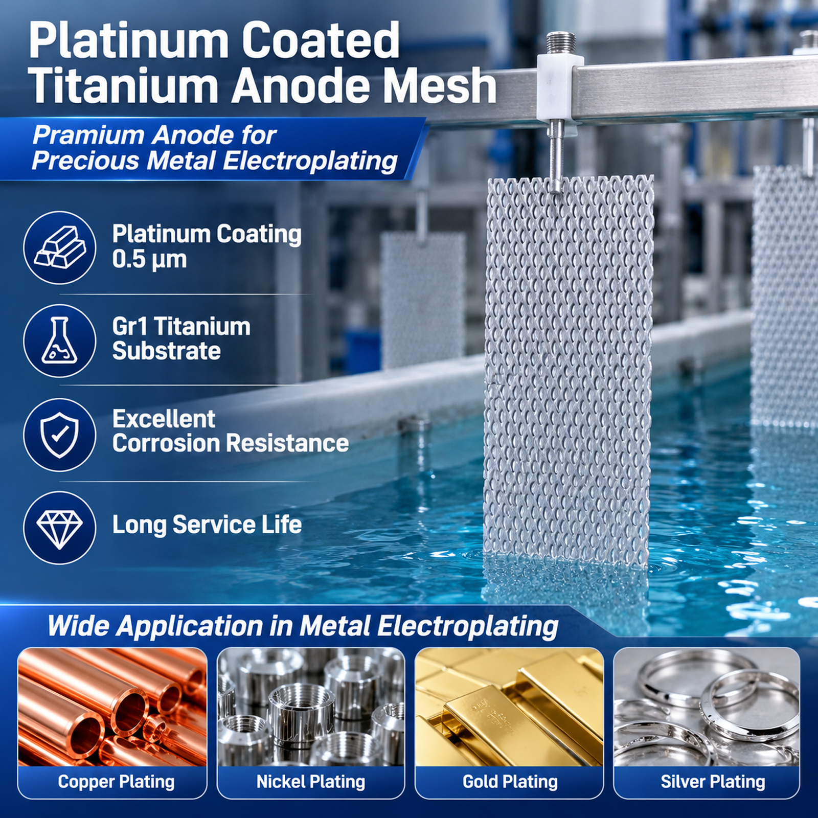 TIBROMTACK Platinum Coated Titanium Anode Mesh 120×40×1mm
