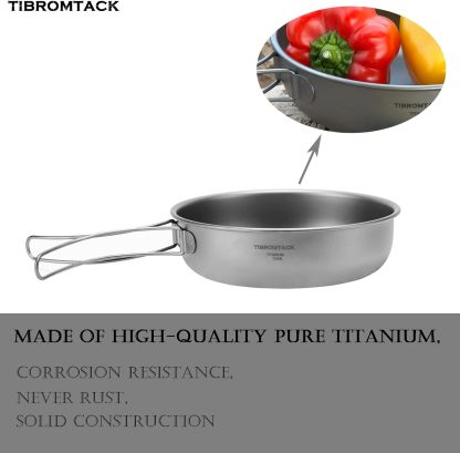 TIBROMTACK Camping Pan with Foldable Handles Pure Titanium Camping Backpacking Pot 700ml for Outdoor Camping Cooking Hiking Backpacking Portable Cookware…