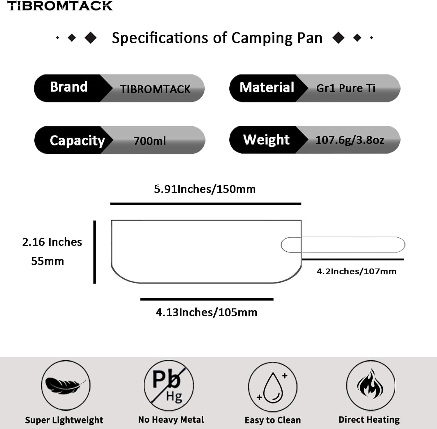 TIBROMTACK Camping Pan with Foldable Handles Pure Titanium Camping Backpacking Pot 700ml for Outdoor Camping Cooking Hiking Backpacking Portable Cookware…