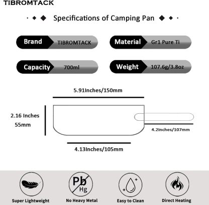 TIBROMTACK Camping Pan with Foldable Handles Pure Titanium Camping Backpacking Pot 700ml for Outdoor Camping Cooking Hiking Backpacking Portable Cookware…
