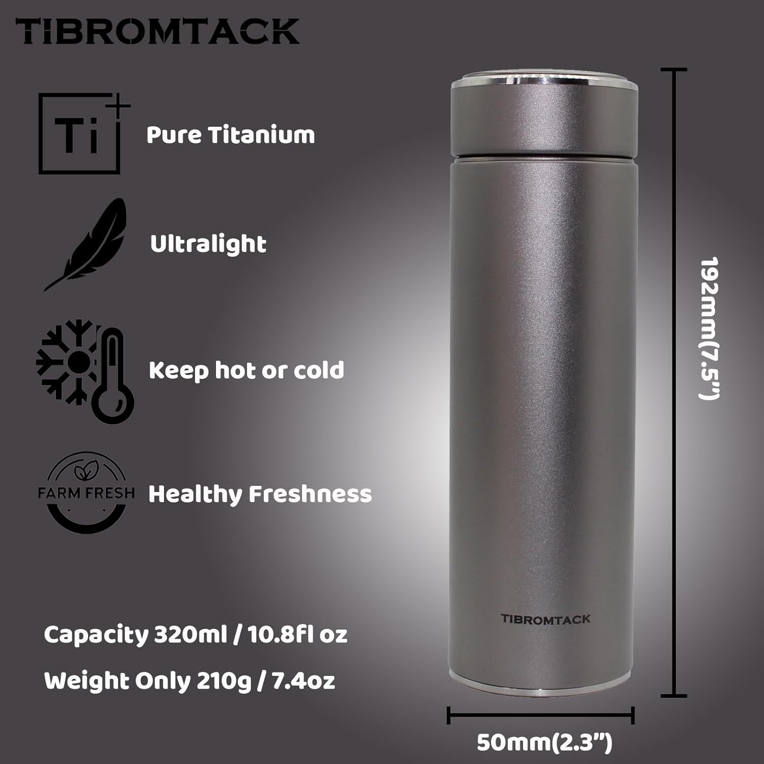 TIBROMTACK Insulated Water Bottle Titanium 320ml/10.8fl oz Double Wall Vacuum Bottle Lightweight Leak-Proof Business Thermos Bottle for Working, Business Trip, Sessions