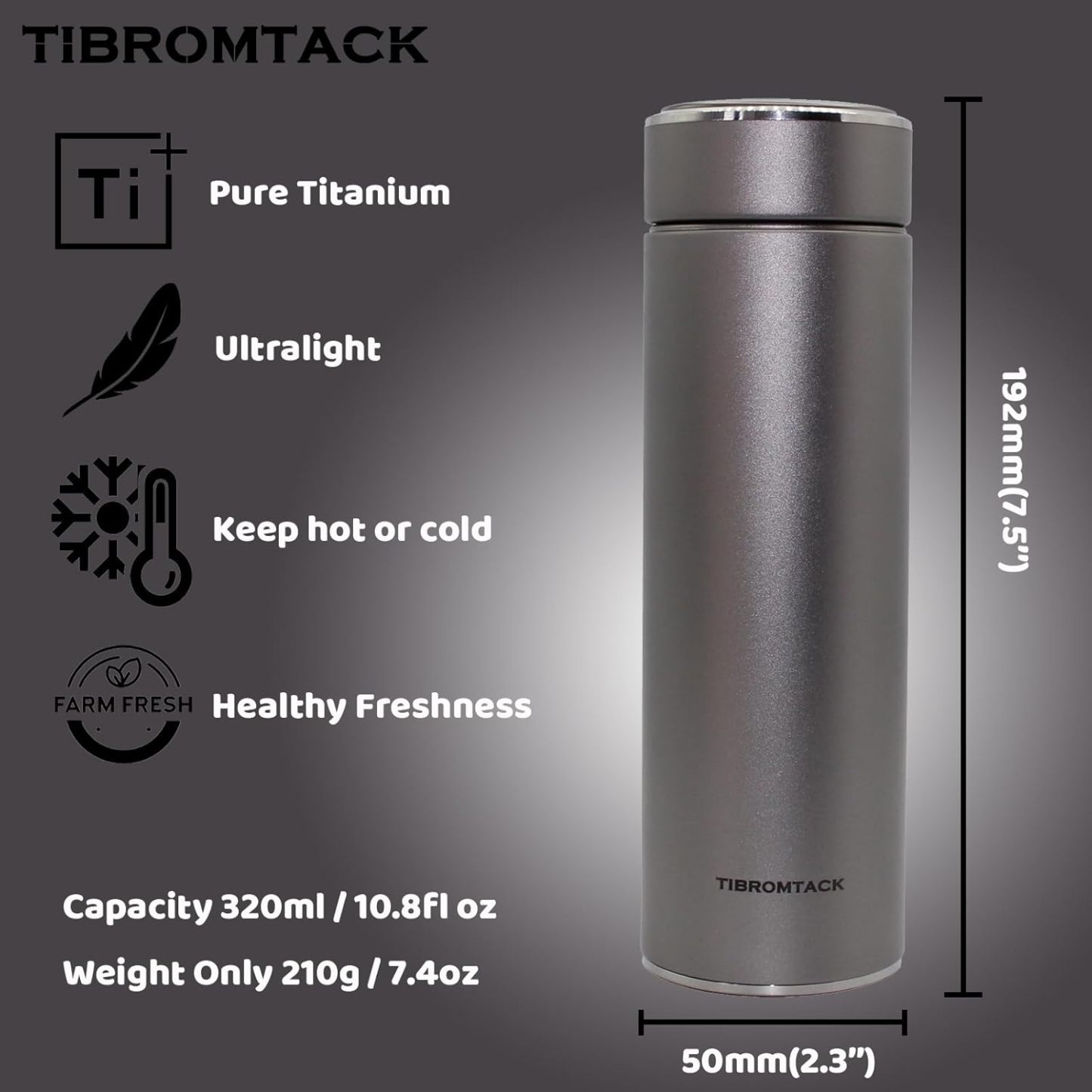 TIBROMTACK Insulated Water Bottle Titanium 320ml/10.8fl oz Double Wall Vacuum Bottle Lightweight Leak-Proof Business Thermos Bottle for Working, Business Trip, Sessions
