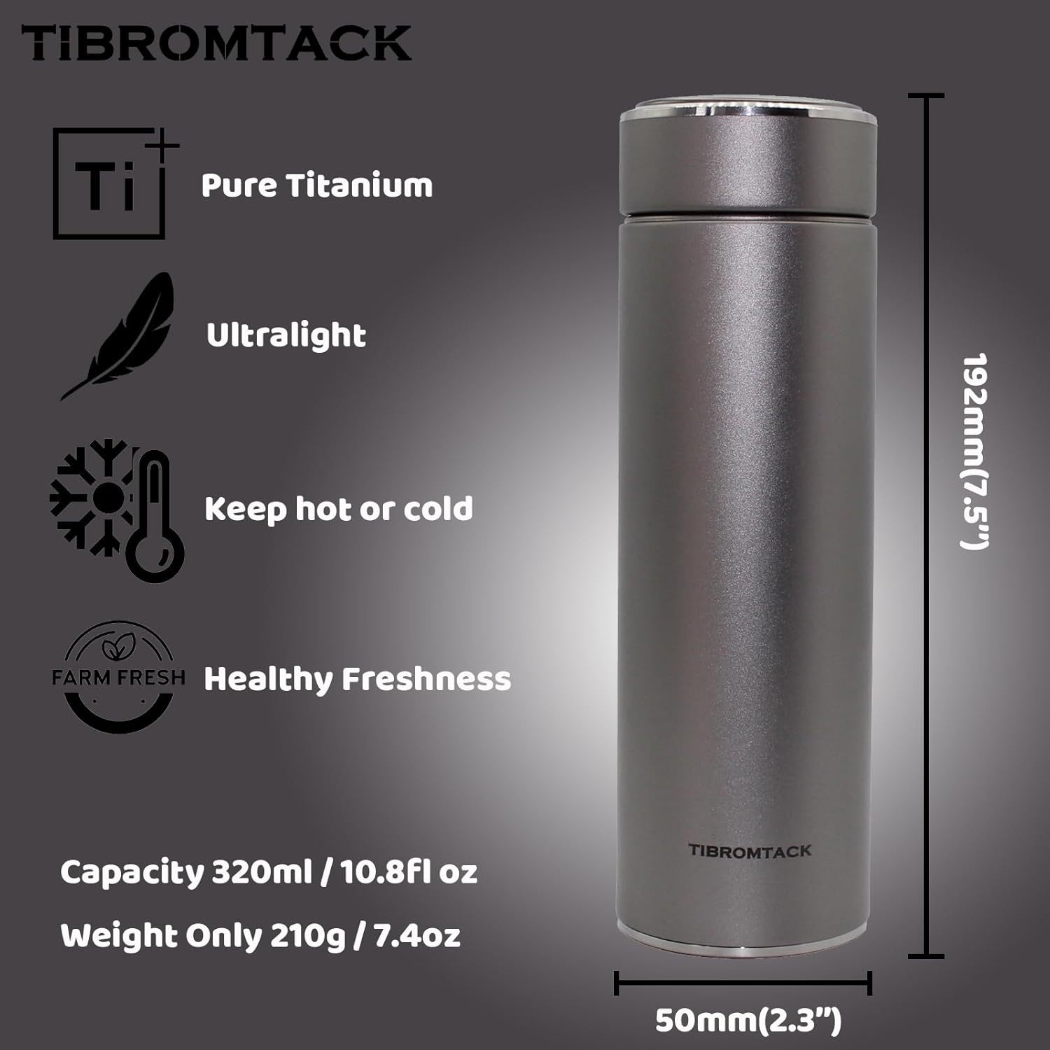 TIBROMTACK Insulated Water Bottle Titanium 320ml/10.8fl oz Double Wall Vacuum Bottle Lightweight Leak-Proof Business Thermos Bottle for Working, Business Trip, Sessions