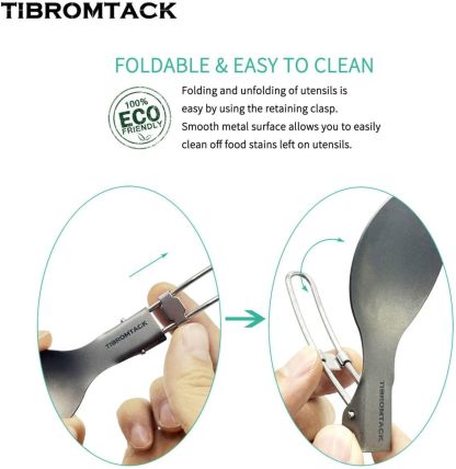 TIBROMTACK Titanium Camping Utensil Set, Folding Spork Fork Spoon Outdoor Cutlery Set Extra Strong Ultra Lightweight (Ti), Healthy & Eco-Friendly Flatware