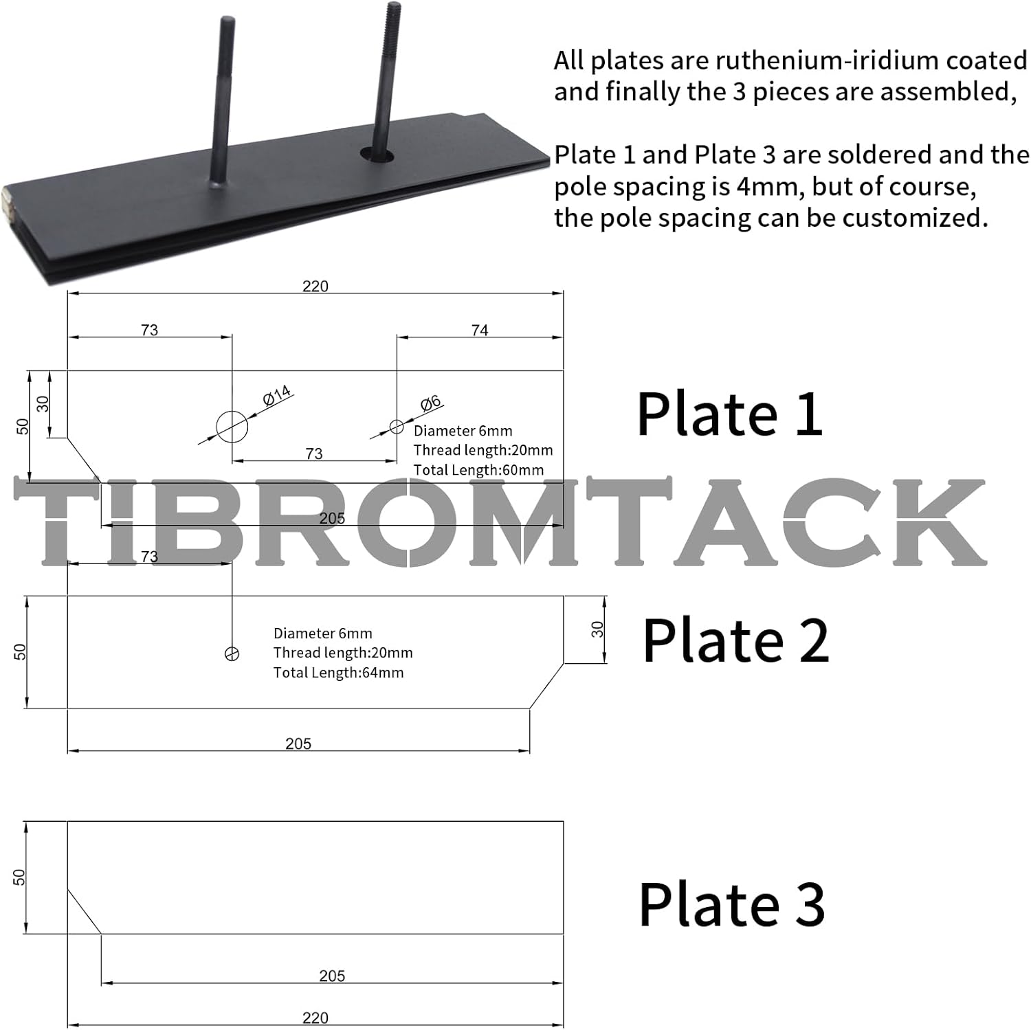 TIBROMTACK Titanium Anode with Ruthenium-Iridium Coating,Titanium Electrodes for HHO Electrolysis Cell or Pool Water and Swimming Pool Cleaning