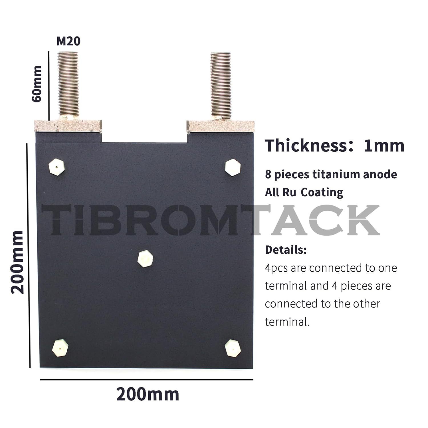 MMO Titanium Anode Component all 8 Plates 200 * 200 * 1mm Titanium Ru Coated with 2 Poles on Top to Change The Polarity