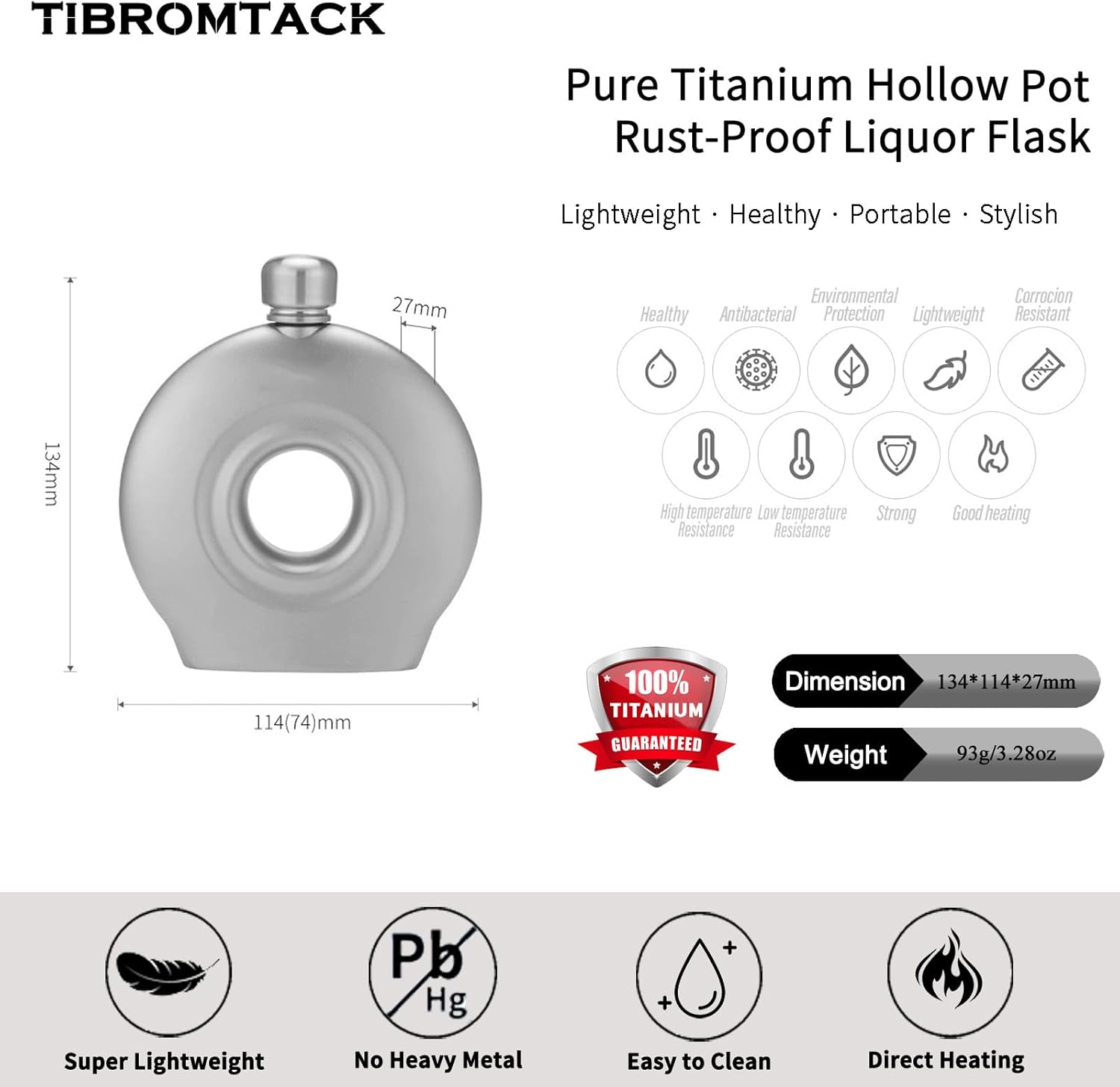 Titanium Hollow Wine Pot, 93g Ultra-Light & Corrosion-Resistant, Leak-Proof Seal Lid, Rust-Proof Liquor Flask - Free Funnel Included​ 
