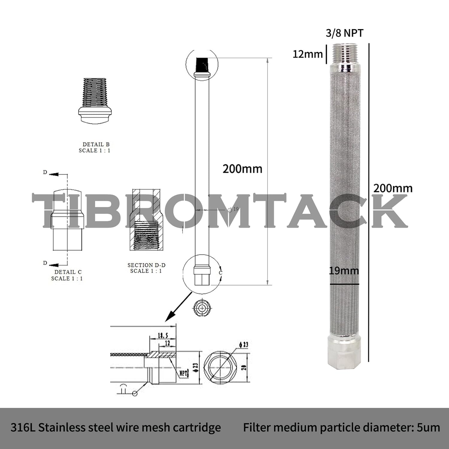 Stainless Steel Sintered Filter Element Metal Mesh Pipe Filter φ19*200 Precision 5μm 316L Factory Direct Customized