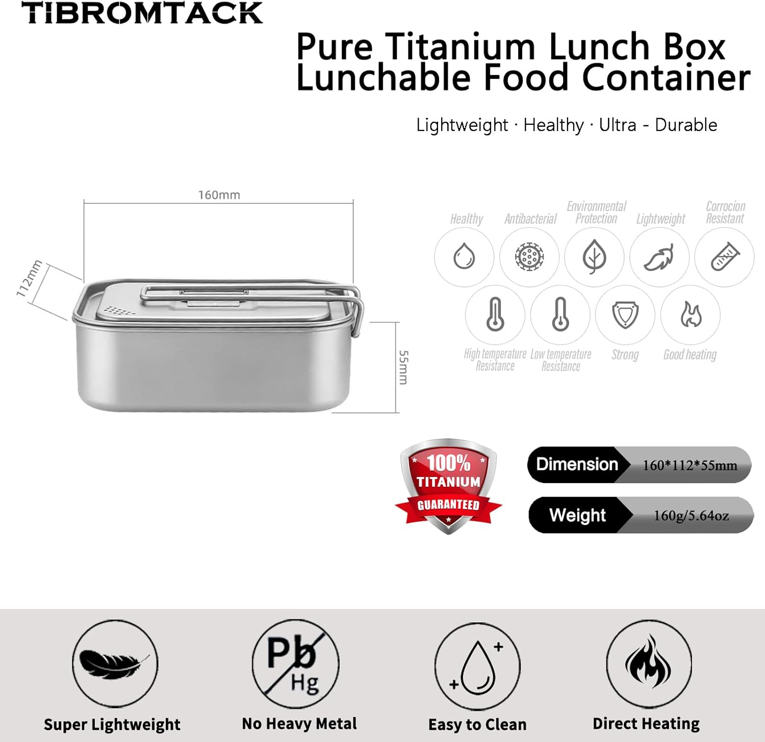 Titanium Lunch Box 800ML (160g, 160×112×55mm) - Stove-Safe Rectangular Food Container for Outdoor Cooking & Daily Use