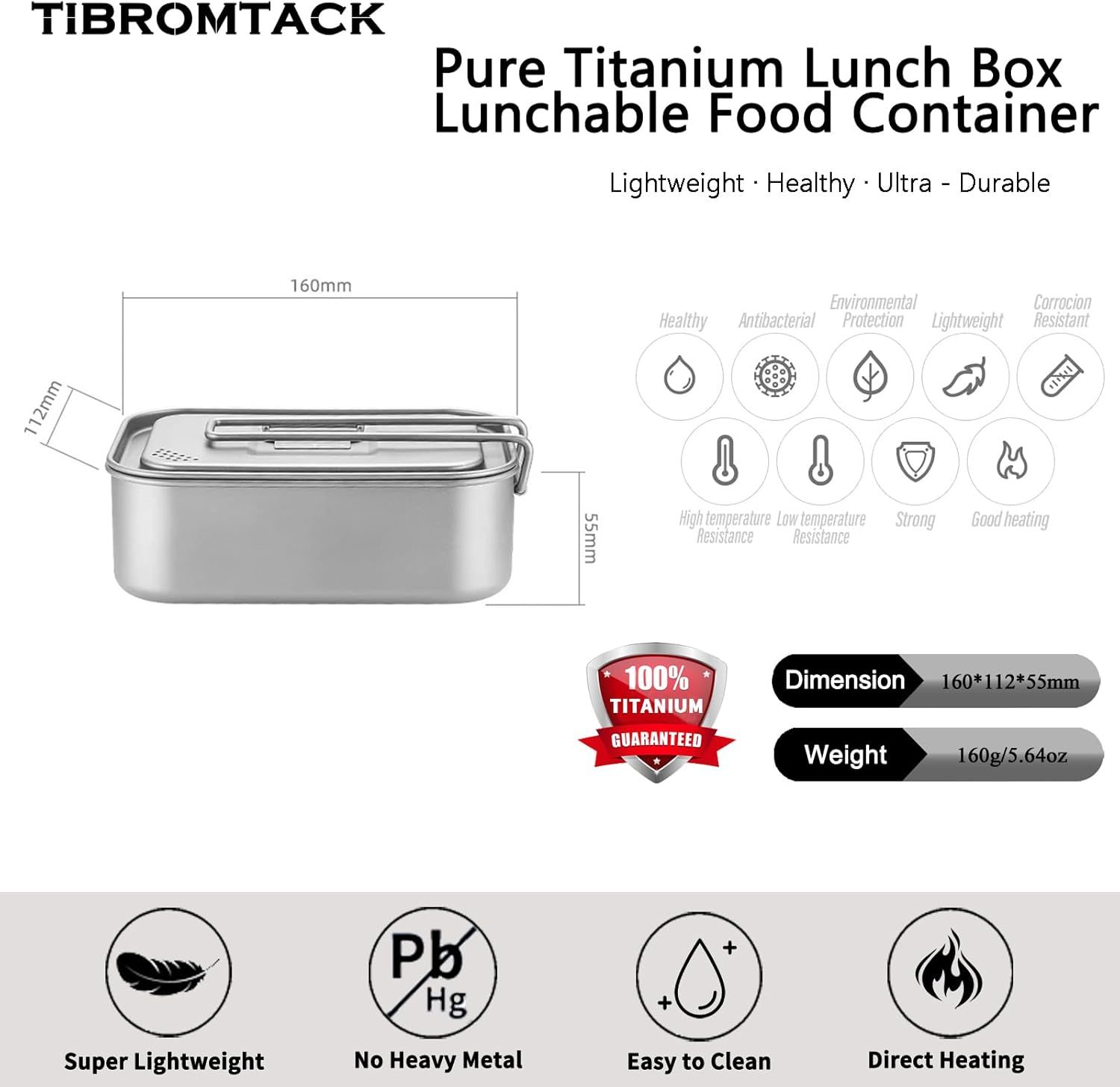 Titanium Lunch Box 800ML (160g, 160×112×55mm) - Stove-Safe Rectangular Food Container for Outdoor Cooking & Daily Use