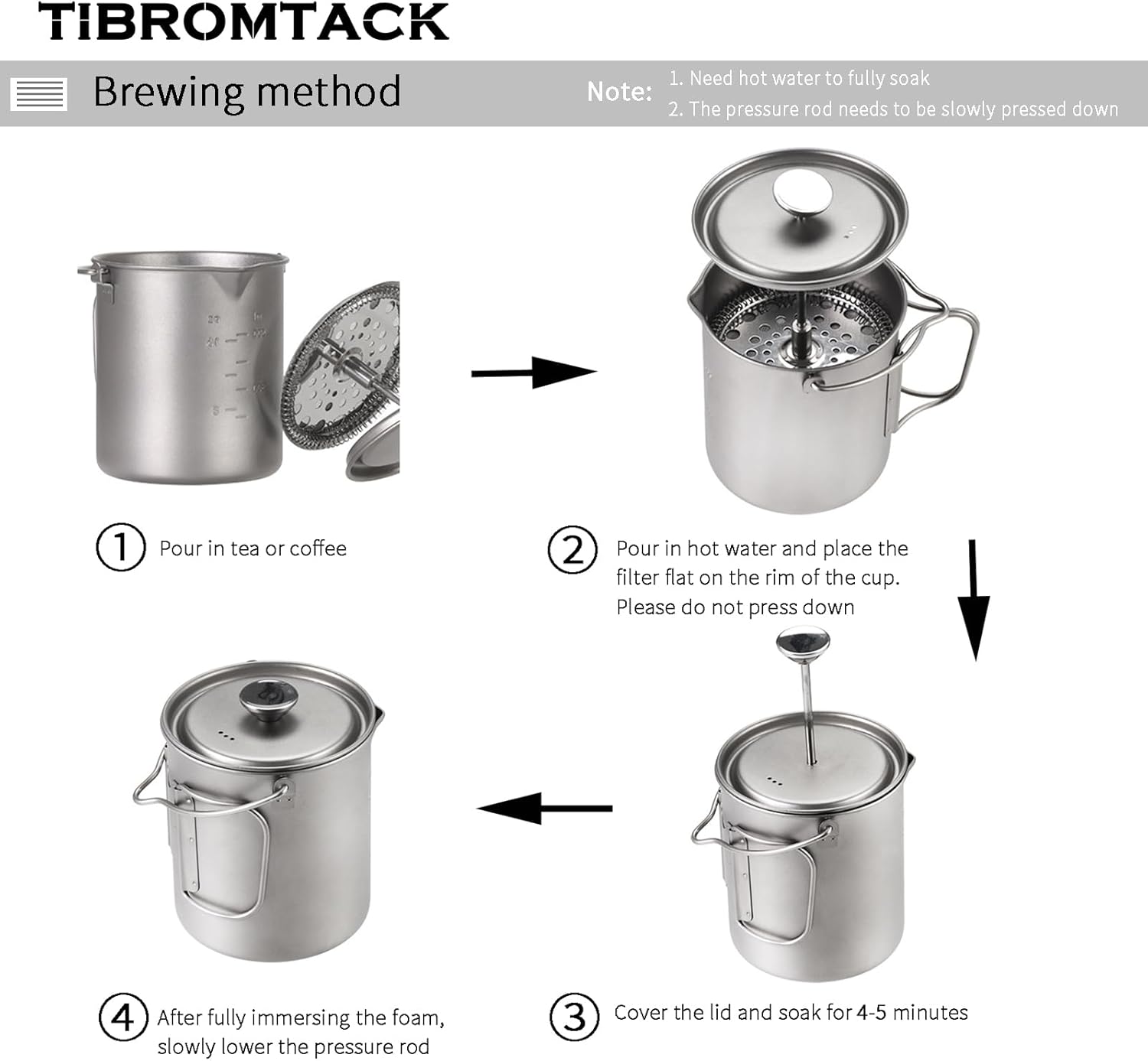 Titanium French Press Coffee Maker, 205g Lightweight GR1 Pure Titanium, Portable Camping Travel Coffee Press Reusable filter for Outdoor, Tea & Hot Beverages, Dishwasher Safe