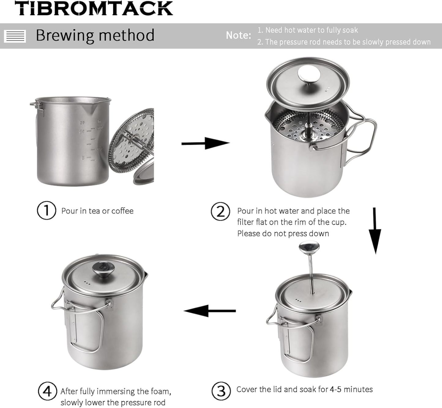 Titanium French Press Coffee Maker, 205g Lightweight GR1 Pure Titanium, Portable Camping Travel Coffee Press Reusable filter for Outdoor, Tea & Hot Beverages, Dishwasher Safe