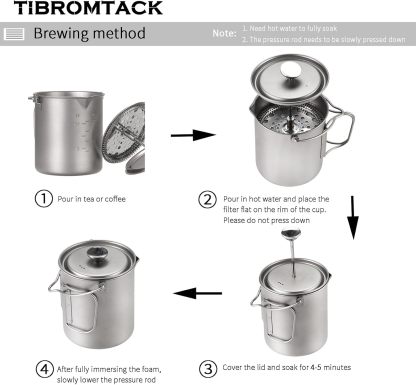 Titanium French Press Coffee Maker, 205g Lightweight GR1 Pure Titanium, Portable Camping Travel Coffee Press Reusable filter for Outdoor, Tea & Hot Beverages, Dishwasher Safe