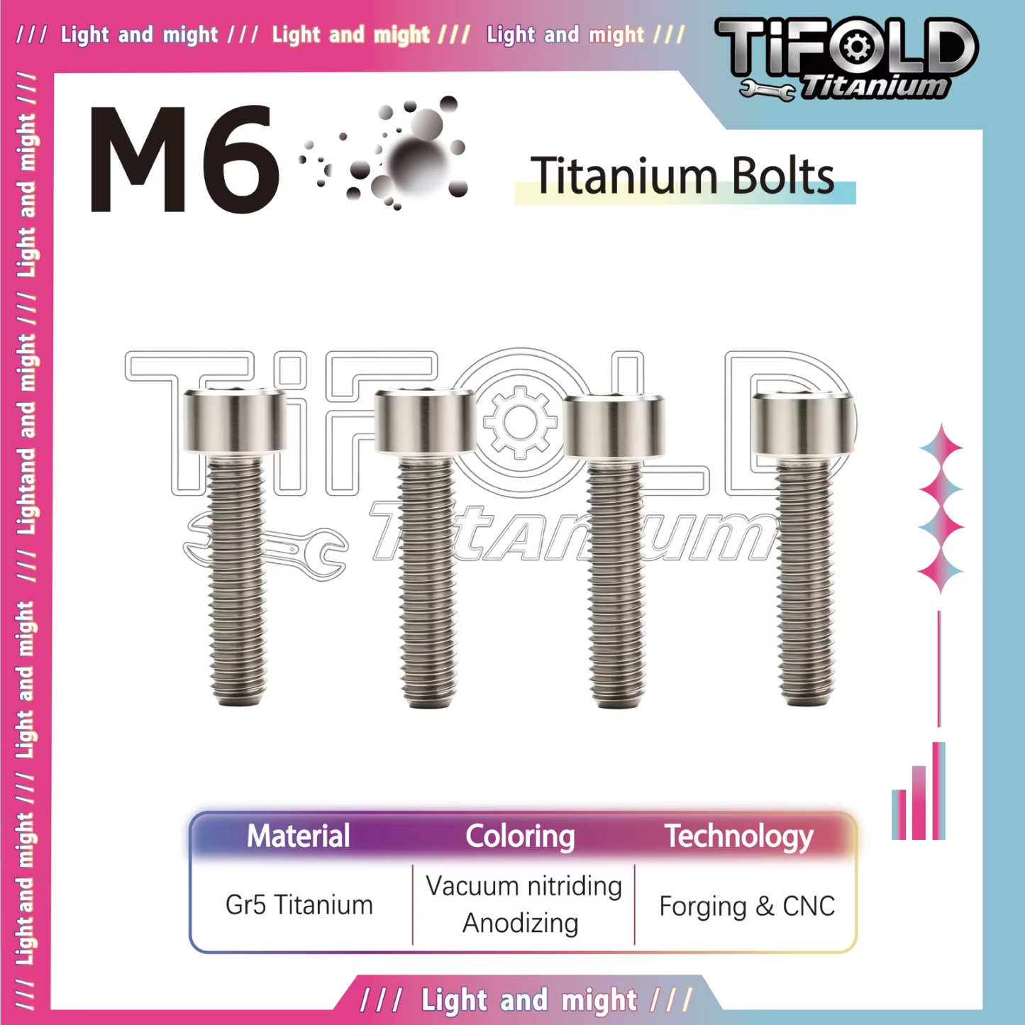 TIFOLD M6 Gr5 Titanium Alloy Bolts, Cylindrical Head Ti Fasteners, 4‑Pack for Motorcycle Bicycle Replacement Modification Parts