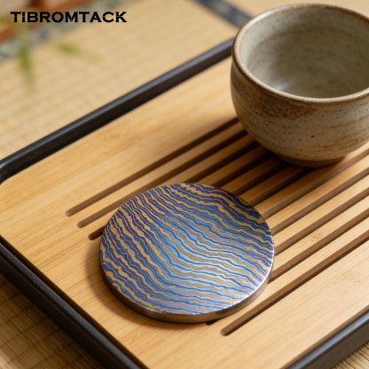 TIBROMTACK Titanium Damascus Coin, EDC Coin, Unique Art Collectible, Blue Gold Anodized, Dia 1.65” Desktop Decoration Gift, 31.8g Durable Titanium Craft