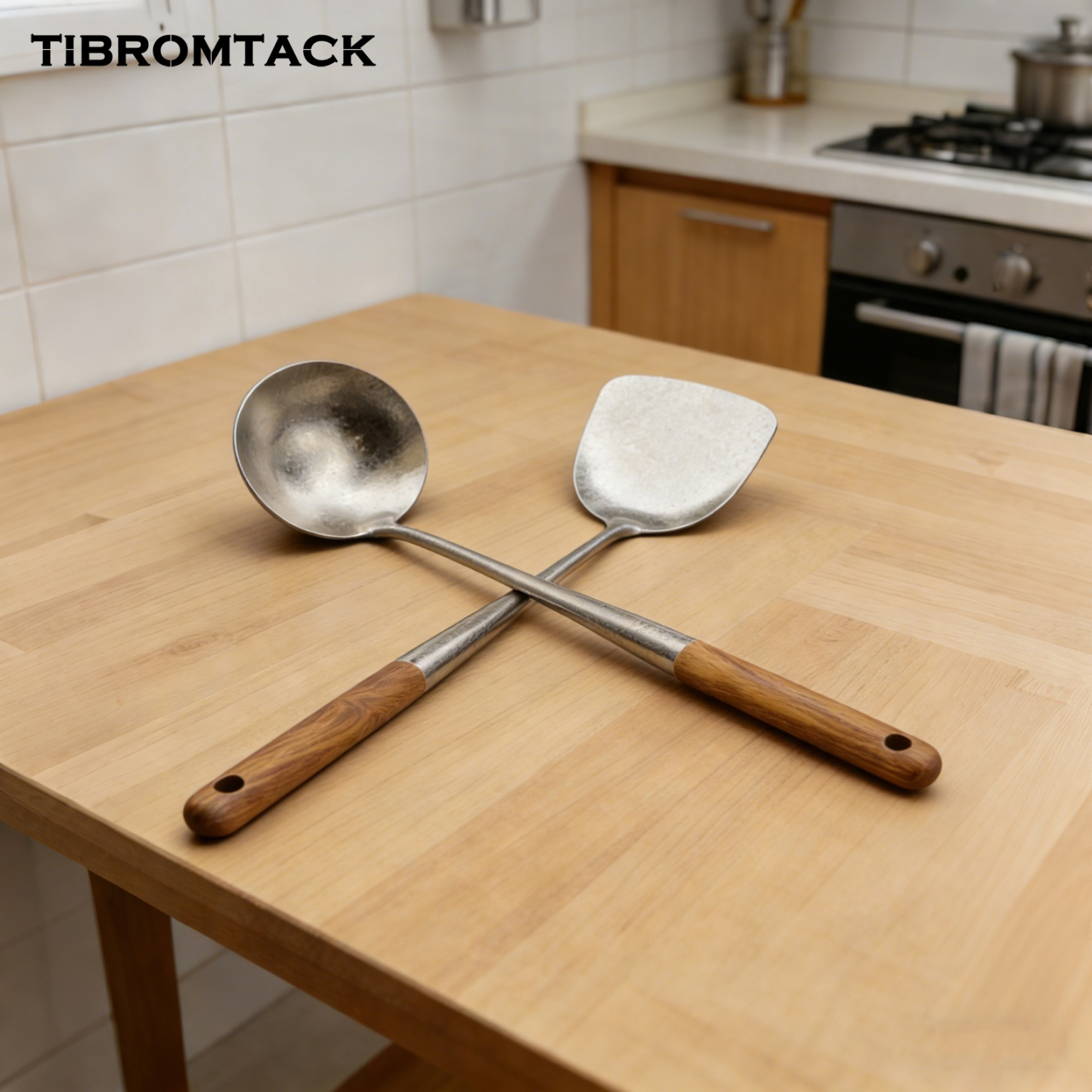 TIBROMTACK Titanium Utensils Set, Titanium Spatula and Spoon with Natural Pear Wood Handle, Ice Flower Texture, Lightweight Heat Resistant Kitchen Tools(16.65in Spatula & 16.47in Spoon)