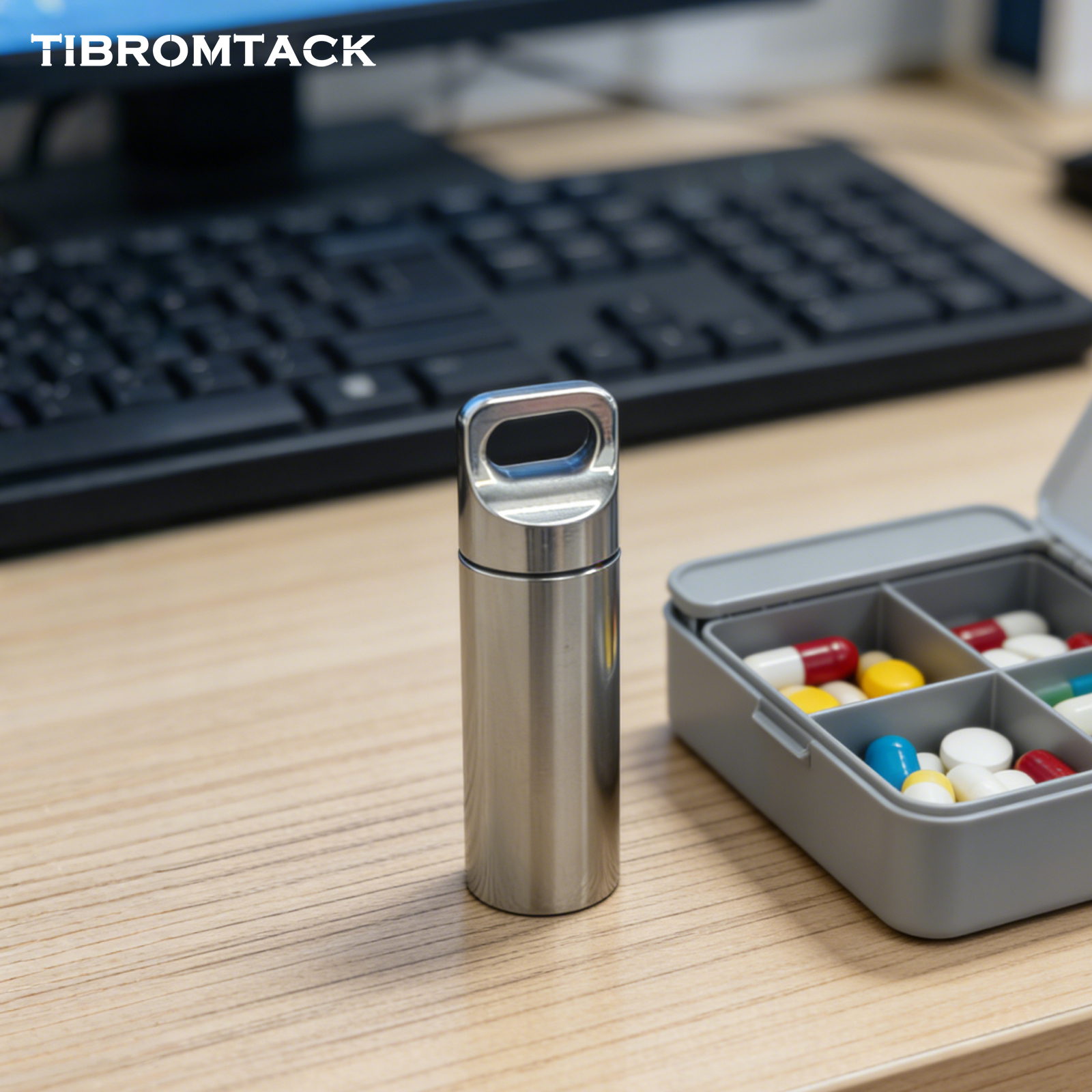 TIBROMTACK Titanium Pill Container, Waterproof Seal Metal Pill Case, Ultra-Light 6.8g Portable Pill Holder for Travel, Commute, Medicine Storage