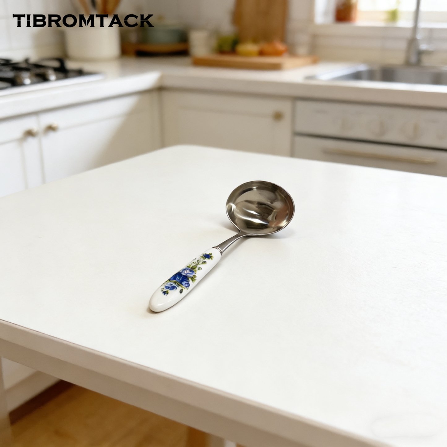 TIBROMTACK Ceramic Handle Pure Titanium Soup Spoon - 7.68in/195mm Blue Rose Pattern, 2.94oz Lightweight for Rice & Soup, BPA Free