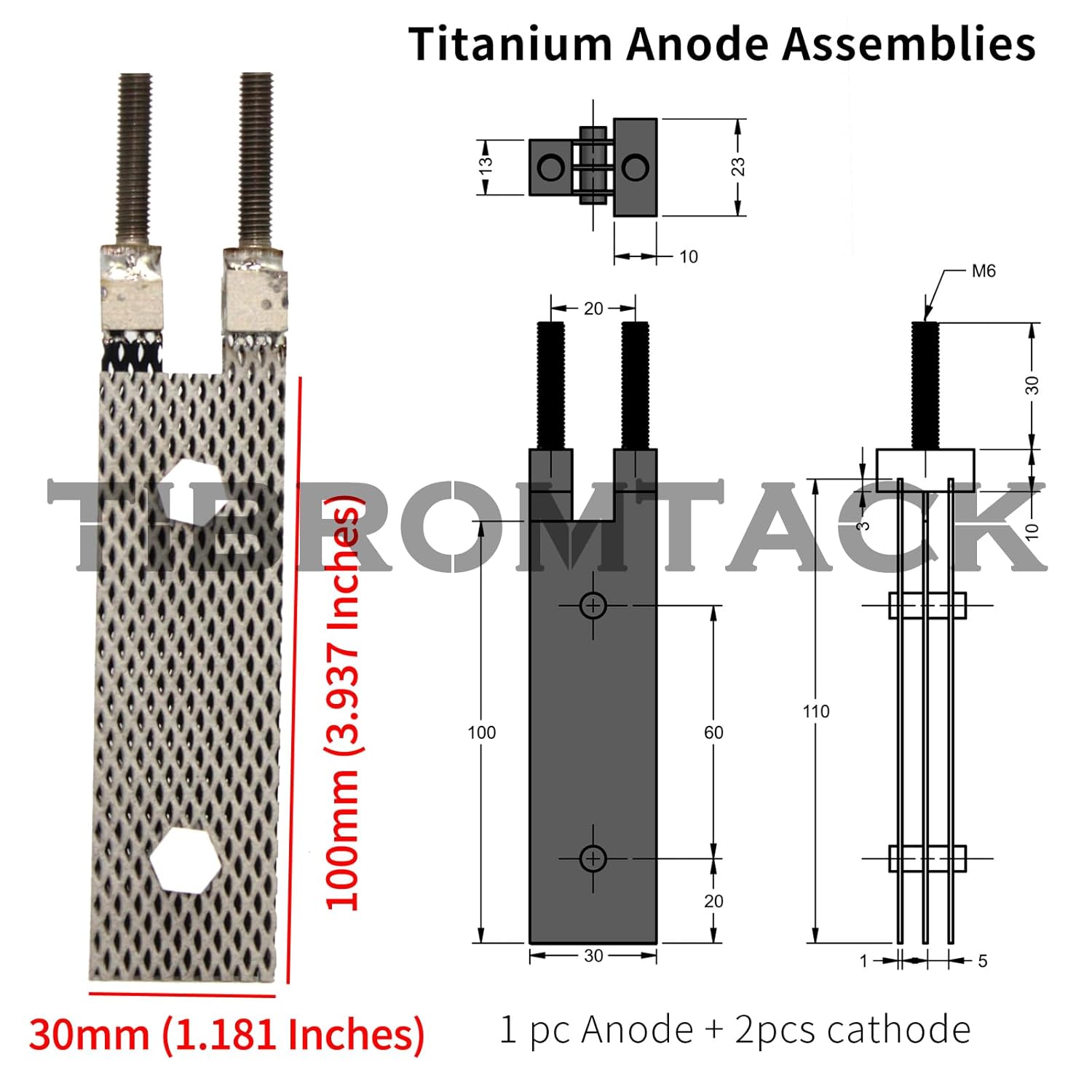 Titanium Anodes 1 Set with Ruthenium-Iridium Coating for Chlorine or Hydrogen Electrolyzers,Consists of One Anode and Two Cathodes