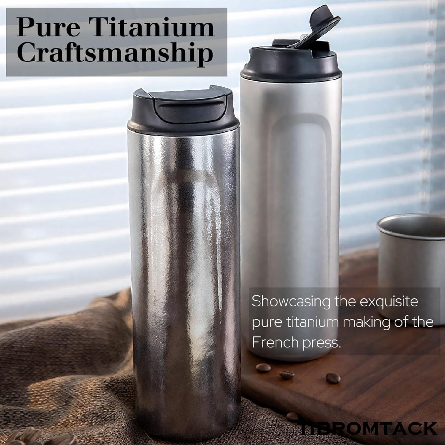Pure Titanium French Press Coffee Maker, 480ml(16.2 oz) Double - Layer Insulated Portable Lightweight Set for Outdoor Camping, Ice Flower & Matte Finish