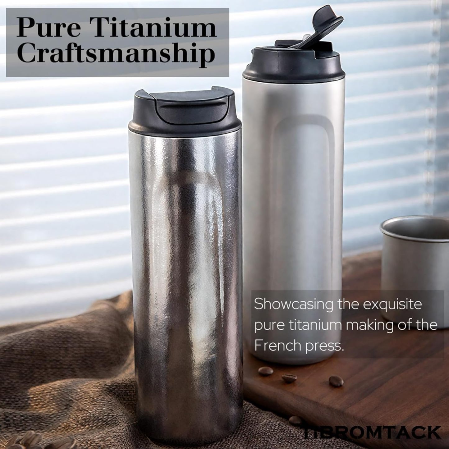 Pure Titanium French Press Coffee Maker, 480ml(16.2 oz) Double - Layer Insulated Portable Lightweight Set for Outdoor Camping, Ice Flower & Matte Finish