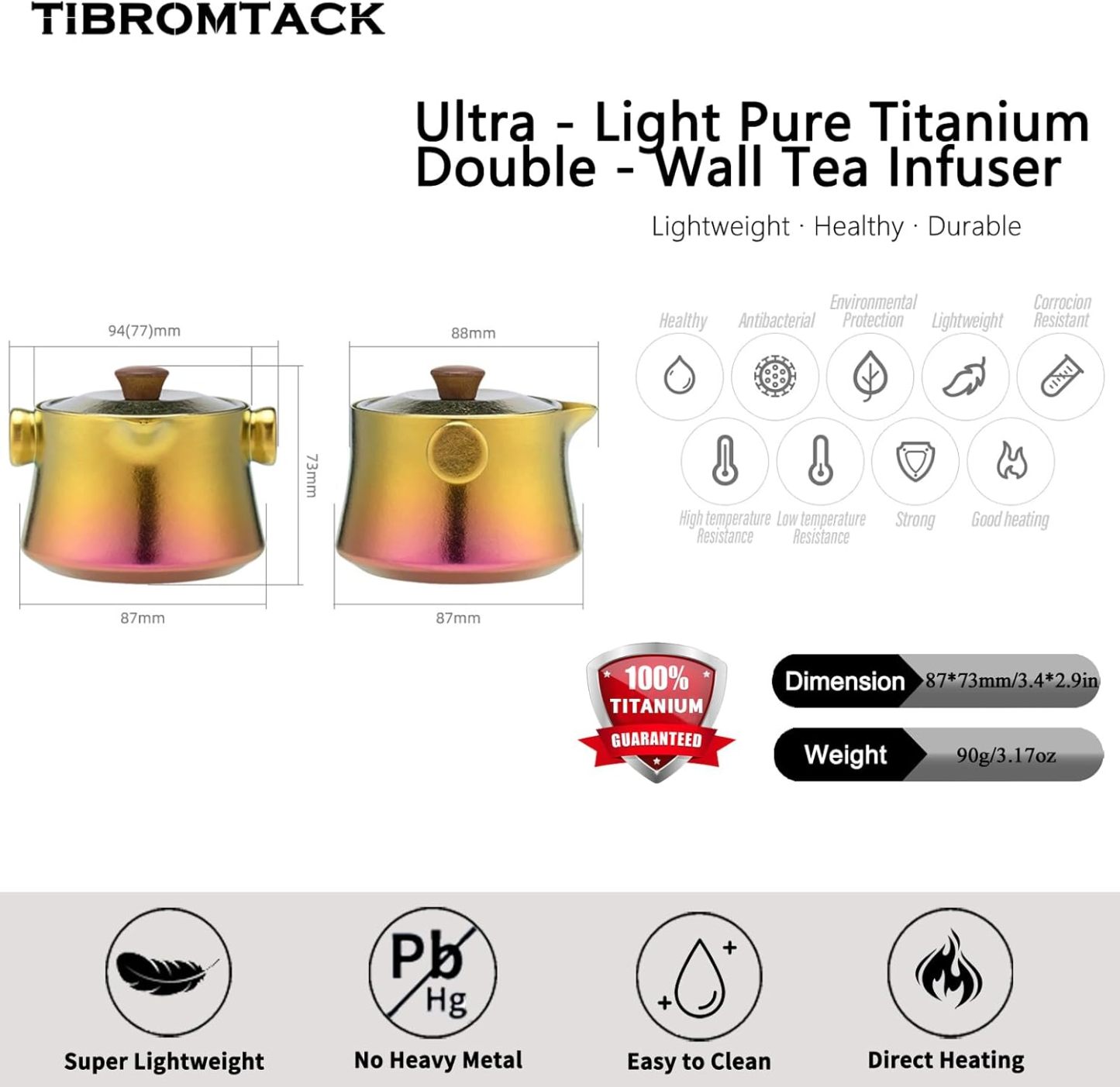 Lightweight Pure Titanium Double - Wall Tea Maker Infuser | 180ML Anti - Scald Teapot | Icy Colors, 90g, Portable for Travel | Teacup for Loose Leaf Tea