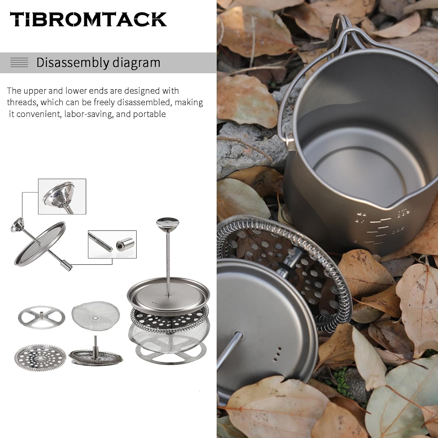 Titanium French Press Coffee Maker, 205g Lightweight GR1 Pure Titanium, Portable Camping Travel Coffee Press Reusable filter for Outdoor, Tea & Hot Beverages, Dishwasher Safe