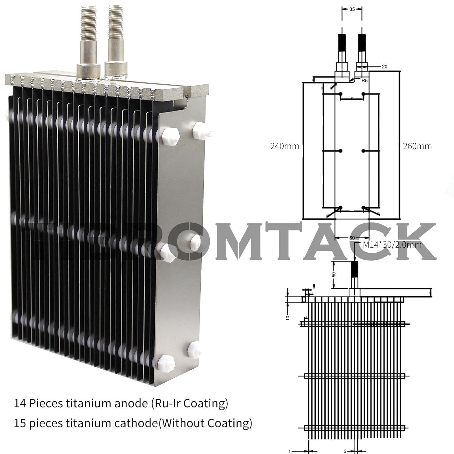 TIBROMTACK Titanium Anode 14 Titanium Anode Plates with Ruthenium Iridium Coating and 15 Titanium Cathode Plates Without Coating,for HHO Electrolysis Cell or Pool Water and Swimming Pool Cleaning
