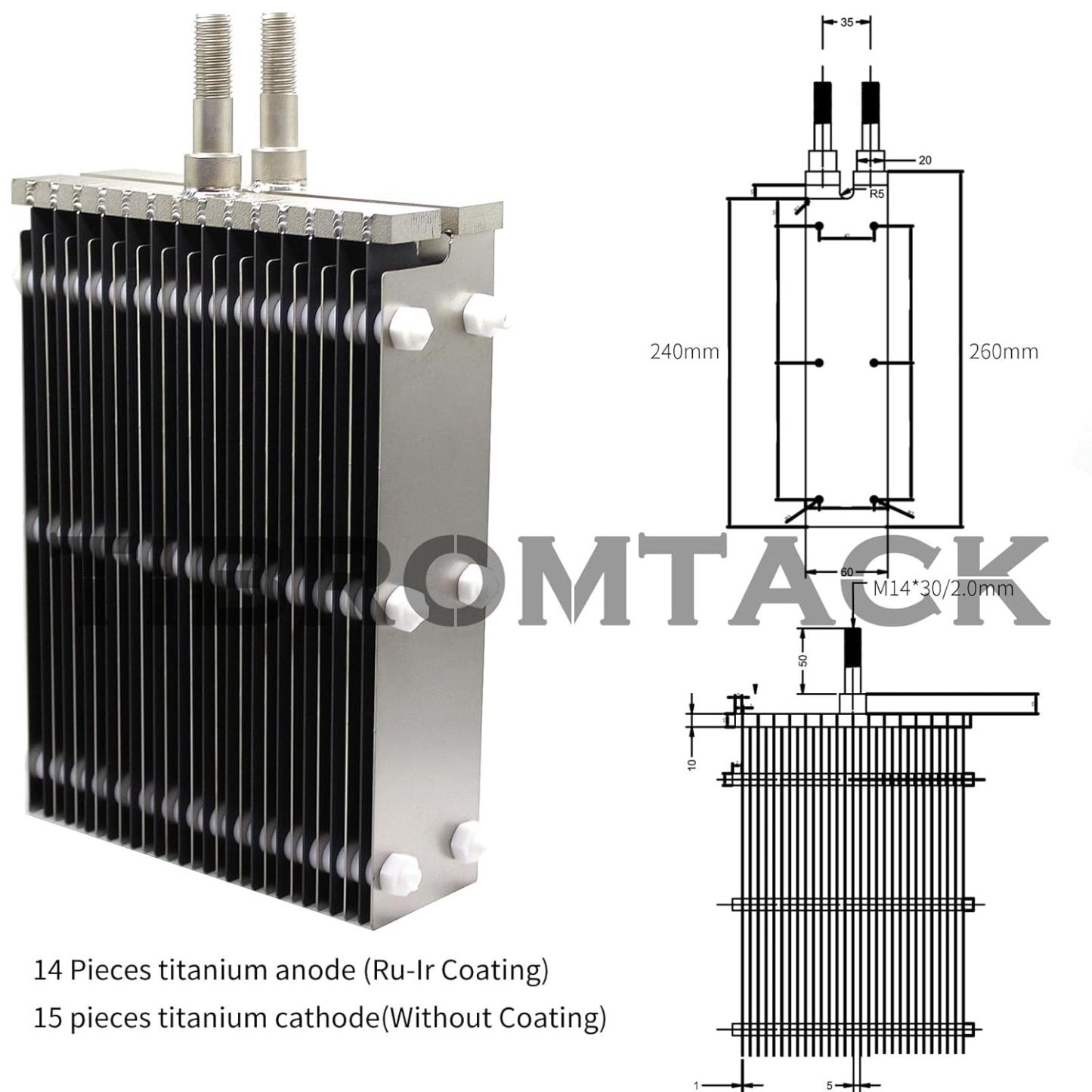 TIBROMTACK Titanium Anode 14 Titanium Anode Plates with Ruthenium Iridium Coating and 15 Titanium Cathode Plates Without Coating,for HHO Electrolysis Cell or Pool Water and Swimming Pool Cleaning