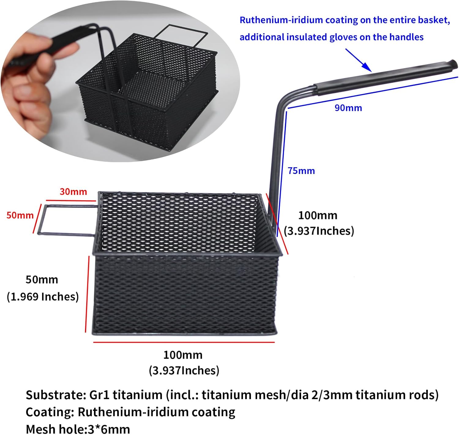 MMO Titanium Anode Basket with Ruthenium Iridium Coating - 100x100x50mm Gr1 Pure Titanium Mesh Electrode for Electroplating,Electrolysis,Cathodic Protection - Reinforced Handle & Acid Resistance