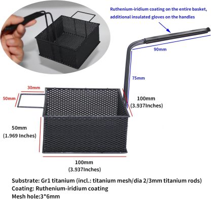 MMO Titanium Anode Basket with Ruthenium Iridium Coating - 100x100x50mm Gr1 Pure Titanium Mesh Electrode for Electroplating,Electrolysis,Cathodic Protection - Reinforced Handle & Acid Resistance