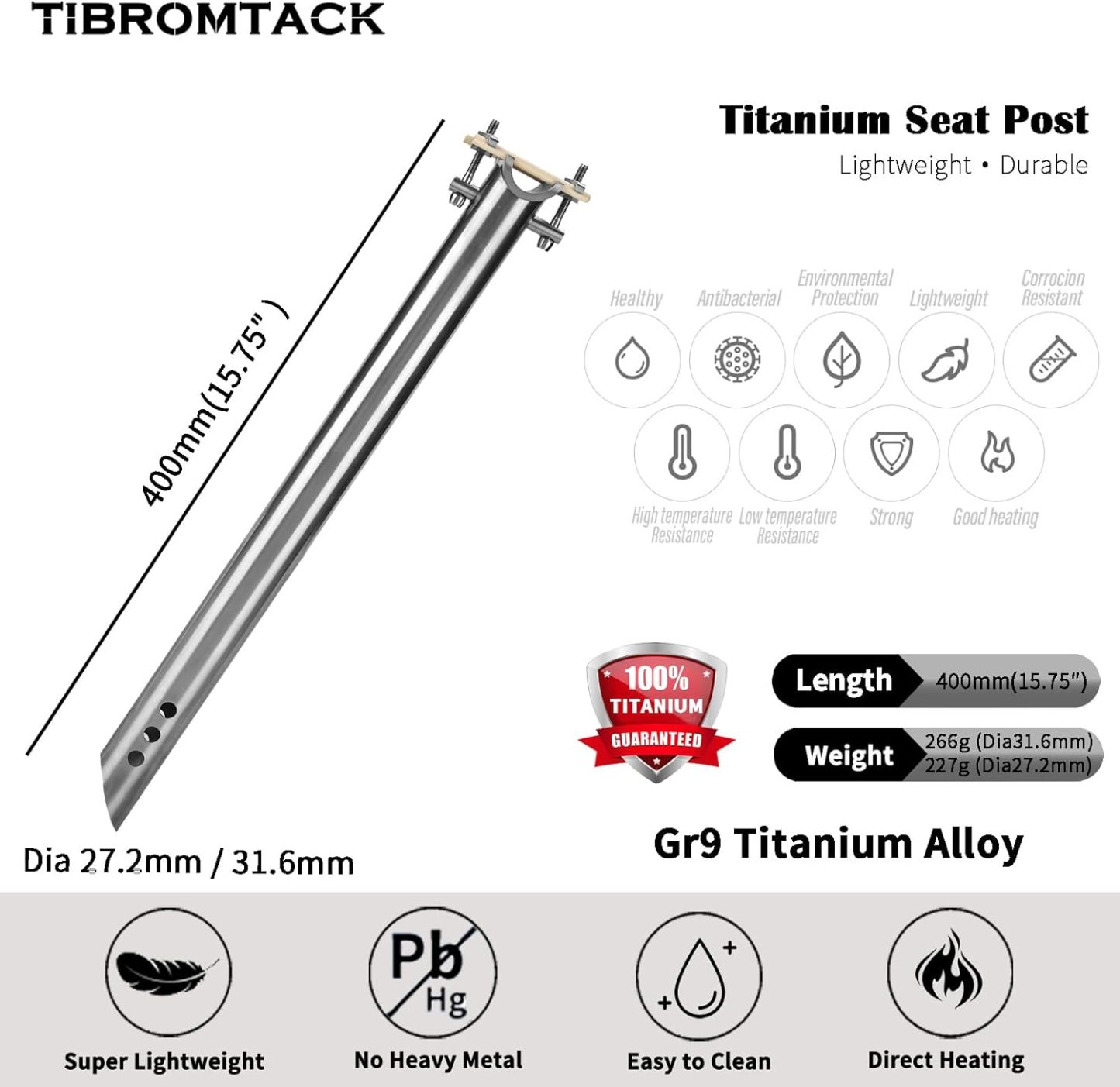 TIBROMTACK Titanium Bike Seatpost 400mm | Ultra-Lightweight | MTB/Road Bike Compatible | Durable 3D Forged Alloy Clamp | Anti-Rust Spline Design