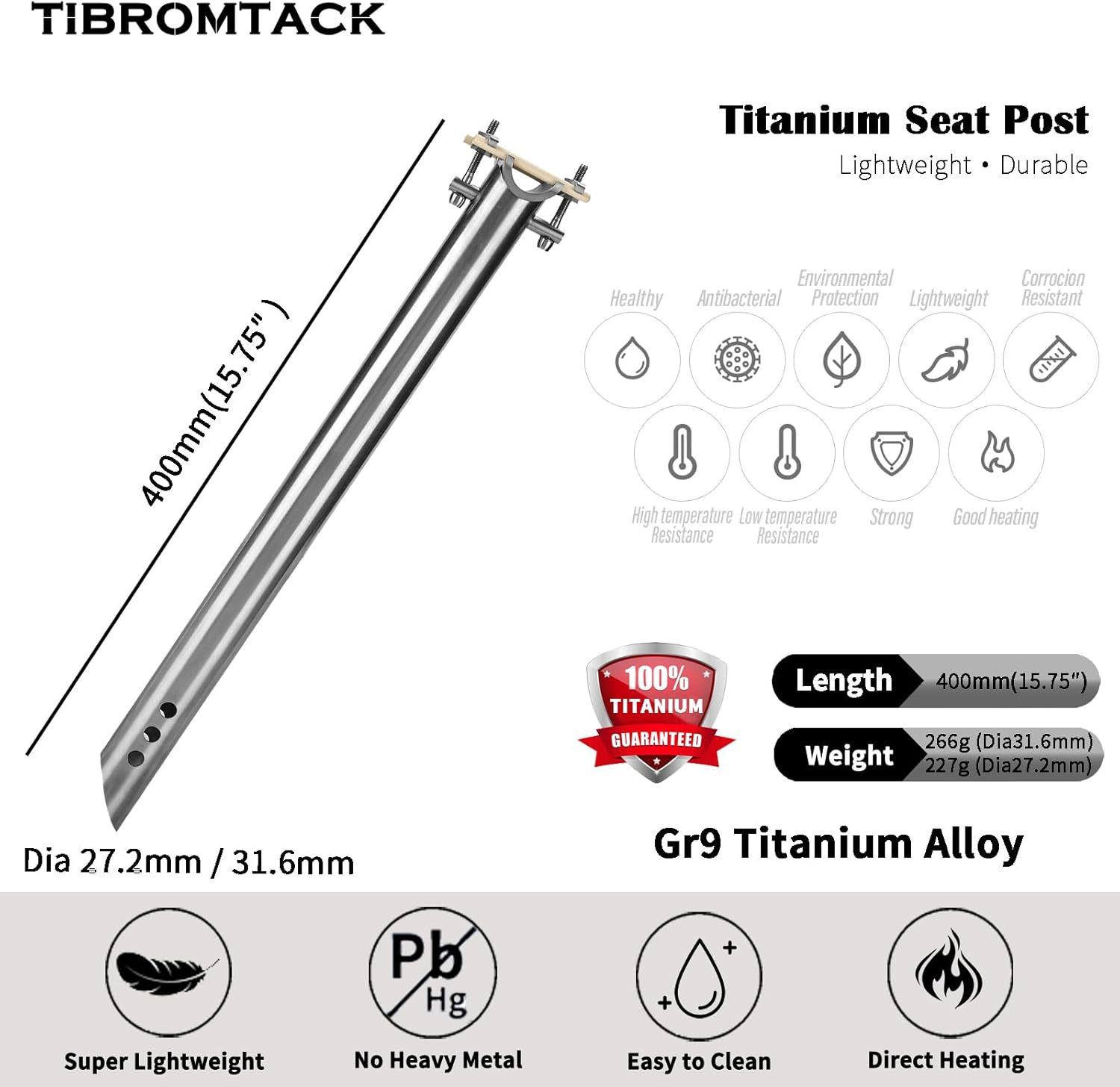 TIBROMTACK Titanium Bike Seatpost 400mm | Ultra-Lightweight | MTB/Road Bike Compatible | Durable 3D Forged Alloy Clamp | Anti-Rust Spline Design