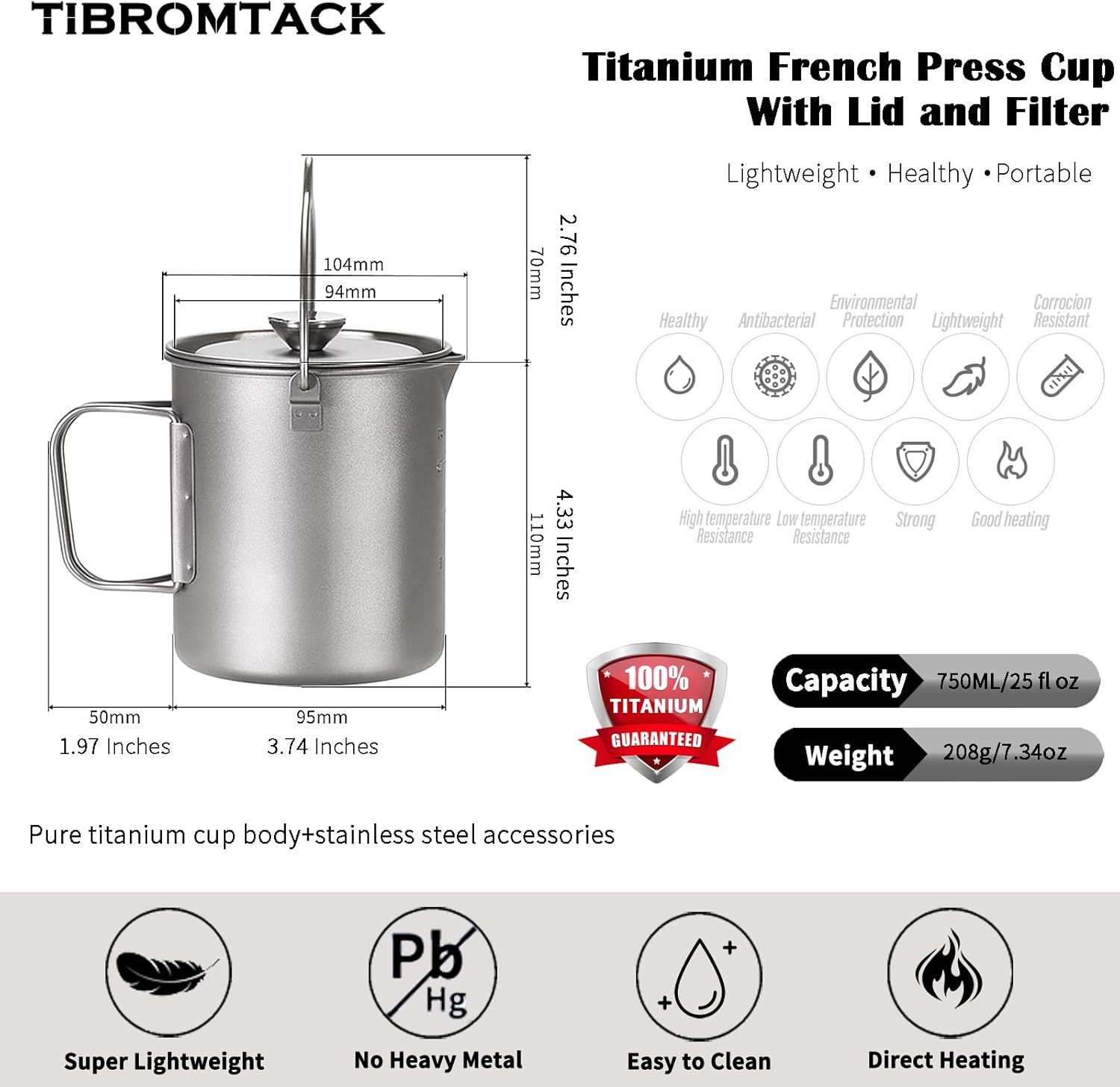 Titanium French Press Coffee Maker, 205g Lightweight GR1 Pure Titanium, Portable Camping Travel Coffee Press Reusable filter for Outdoor, Tea & Hot Beverages, Dishwasher Safe