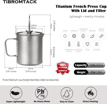 Titanium French Press Coffee Maker, 205g Lightweight GR1 Pure Titanium, Portable Camping Travel Coffee Press Reusable filter for Outdoor, Tea & Hot Beverages, Dishwasher Safe
