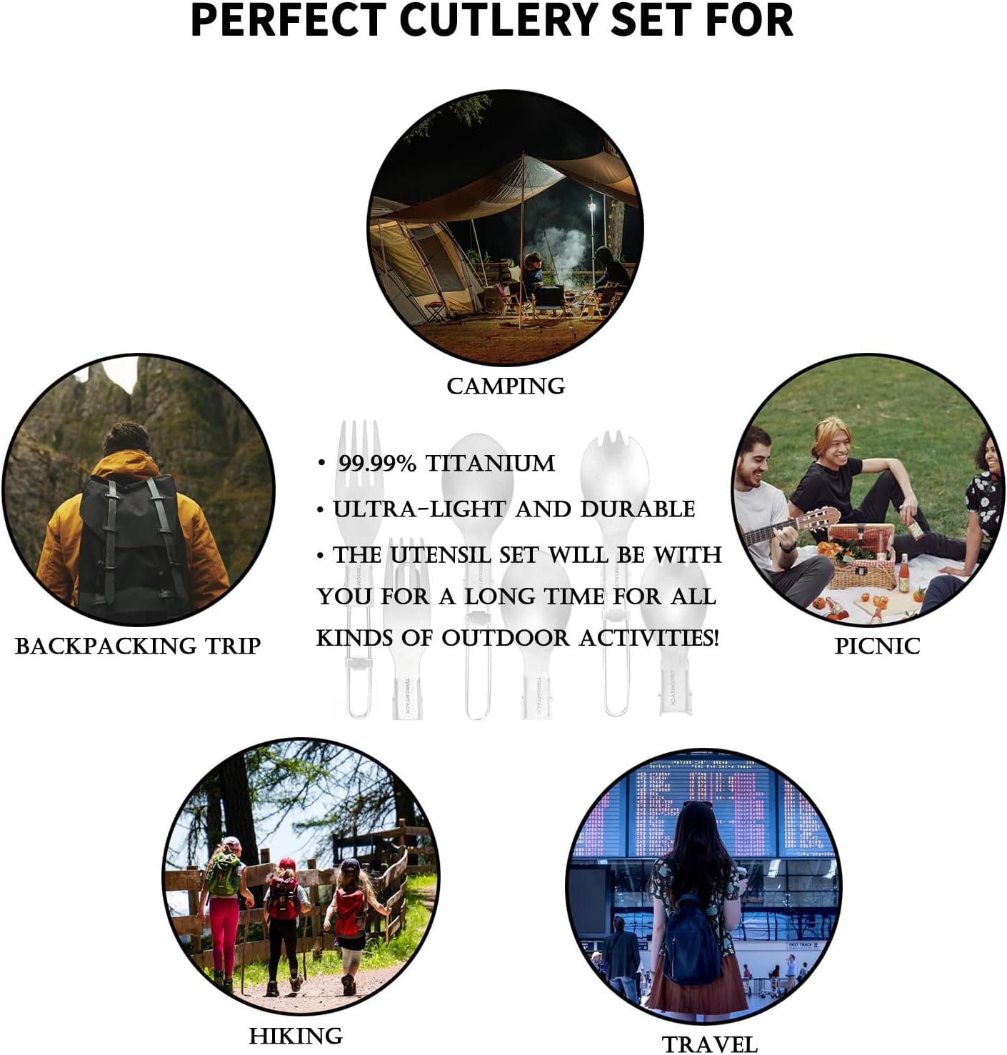 TIBROMTACK Titanium Camping Utensil Set, Folding Spork Fork Spoon Outdoor Cutlery Set Extra Strong Ultra Lightweight (Ti), Healthy & Eco-Friendly Flatware