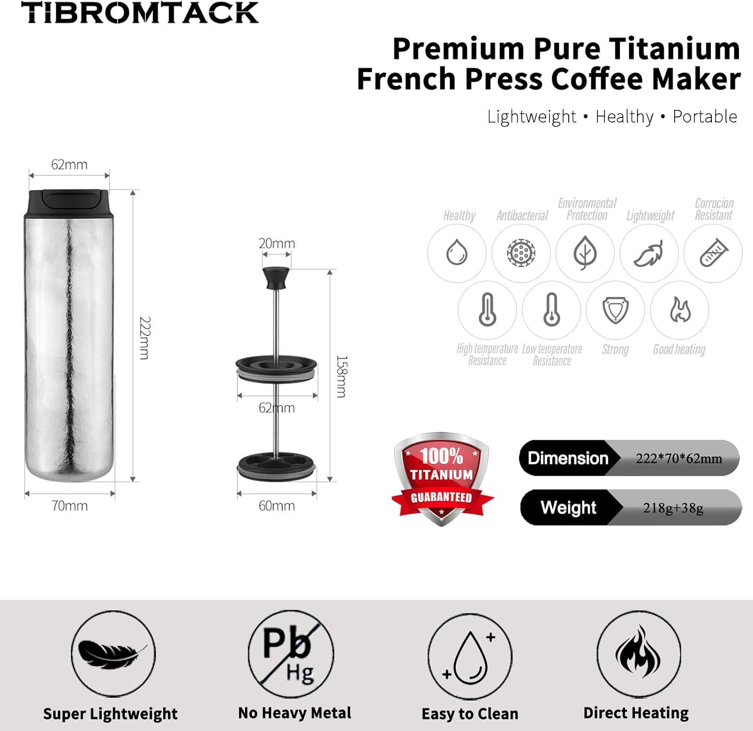 Pure Titanium French Press Coffee Maker, 480ml(16.2 oz) Double - Layer Insulated Portable Lightweight Set for Outdoor Camping, Ice Flower & Matte Finish