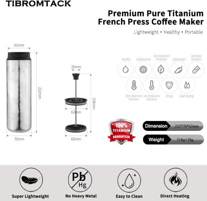 Pure Titanium French Press Coffee Maker, 480ml(16.2 oz) Double - Layer Insulated Portable Lightweight Set for Outdoor Camping, Ice Flower & Matte Finish
