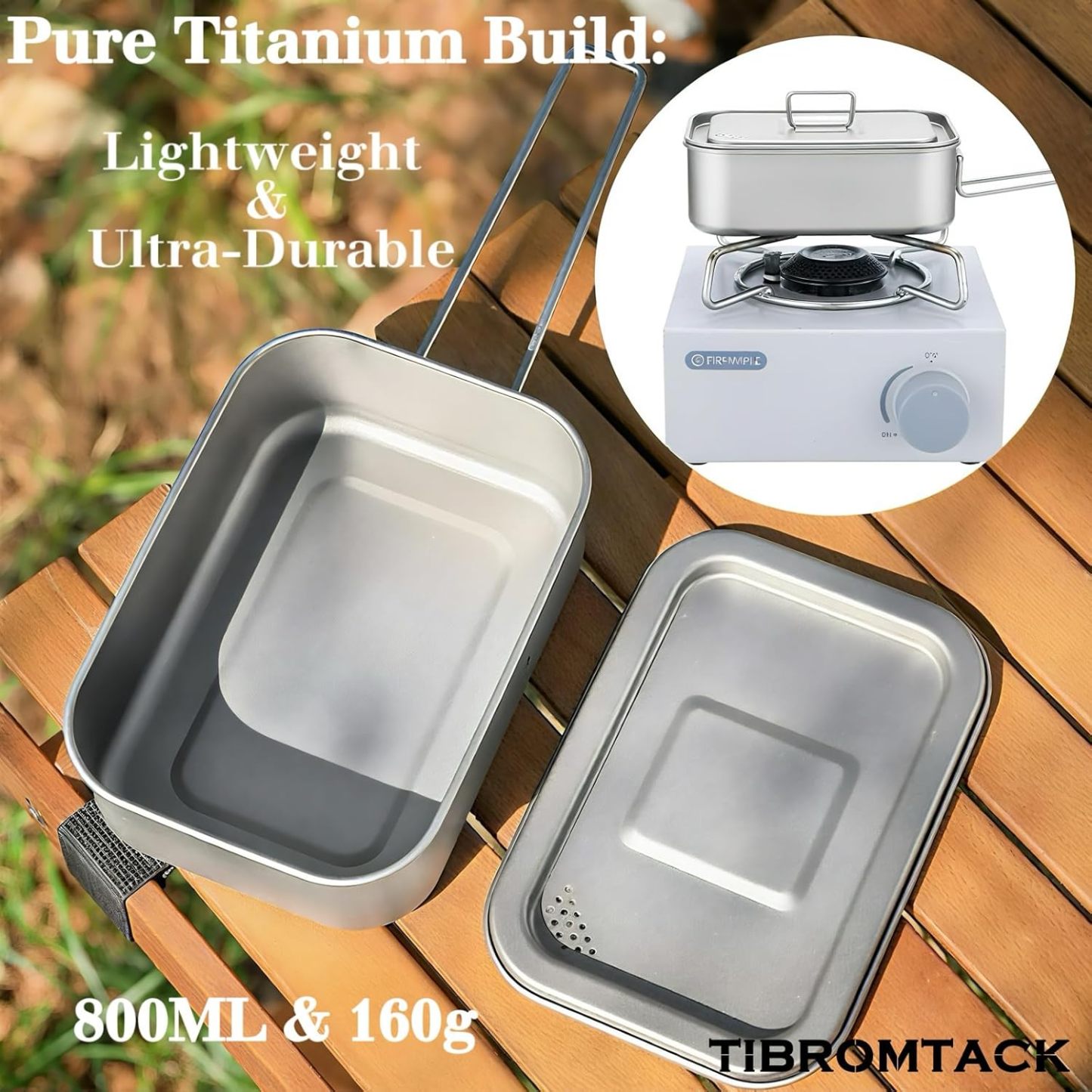 Titanium Lunch Box 800ML (160g, 160×112×55mm) - Stove-Safe Rectangular Food Container for Outdoor Cooking & Daily Use