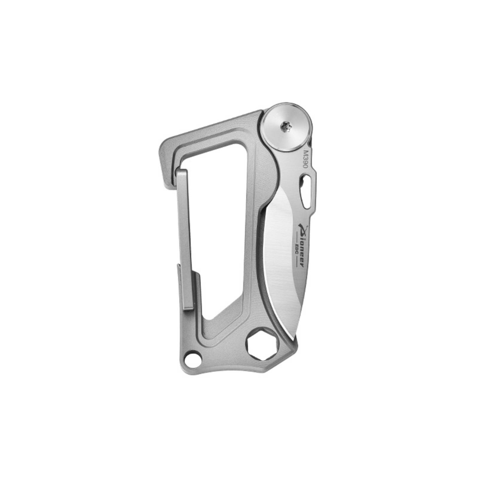 TIBROMTACK Titanium Keychain - Stonewashed EDC Carabiner Multi-Tool, Folding Knife & Bottle Opener, Ultra-Lightweight Gr5 Titanium Keychain for Men (63x35mm)