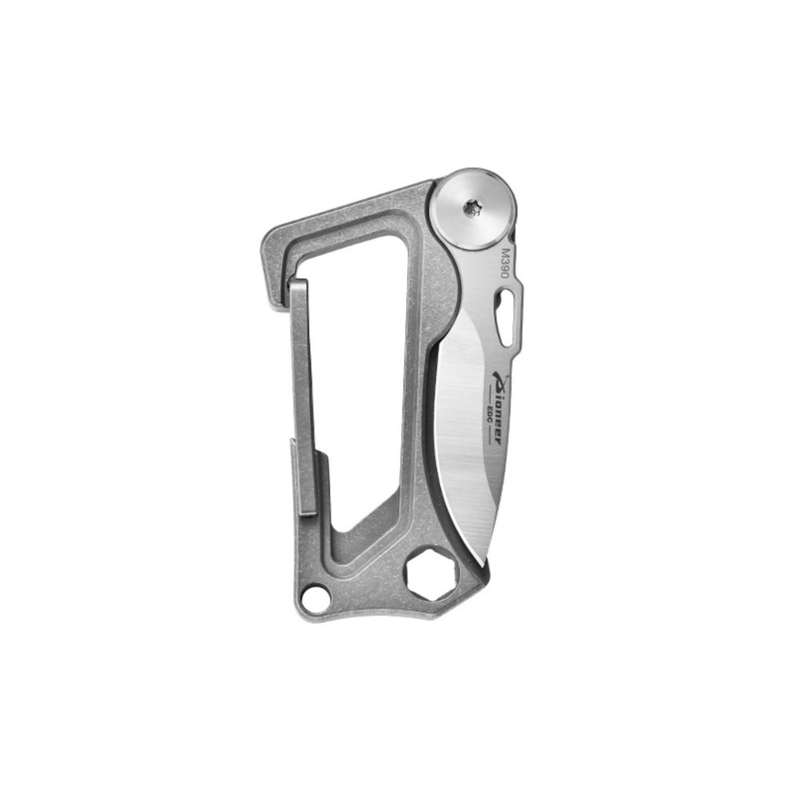 TIBROMTACK Titanium Keychain - Stonewashed EDC Carabiner Multi-Tool, Folding Knife & Bottle Opener, Ultra-Lightweight Gr5 Titanium Keychain for Men (63x35mm)