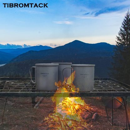 TIBROMTACK Camping Cup with Lid Pure Titanium Coffee Mug Ultralight 450ml Outdoor Small Camping Pot with Foldable Handle for Backpacking Hiking Travel and Daily Use with Mesh Bag-TIBROMTACK