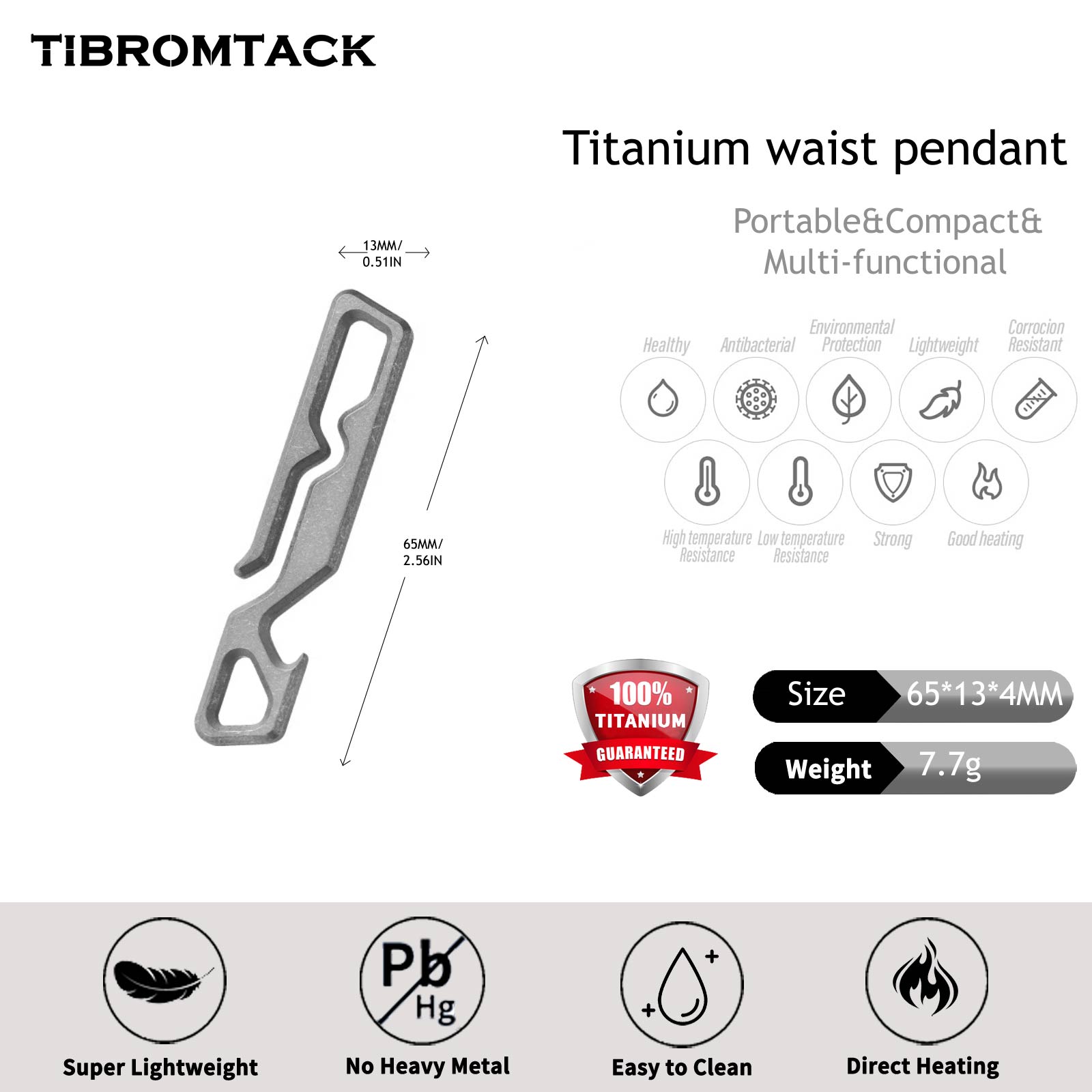 TIBROMTACK Titanium Belt Clip Key Holder, EDC Pocket Clip with Bottle Opener, Ultra-Lightweight Gr5 Titanium Keychain for Belt, Key Ring & Bag Charms for Men Women, 2.56x0.51x0.16in